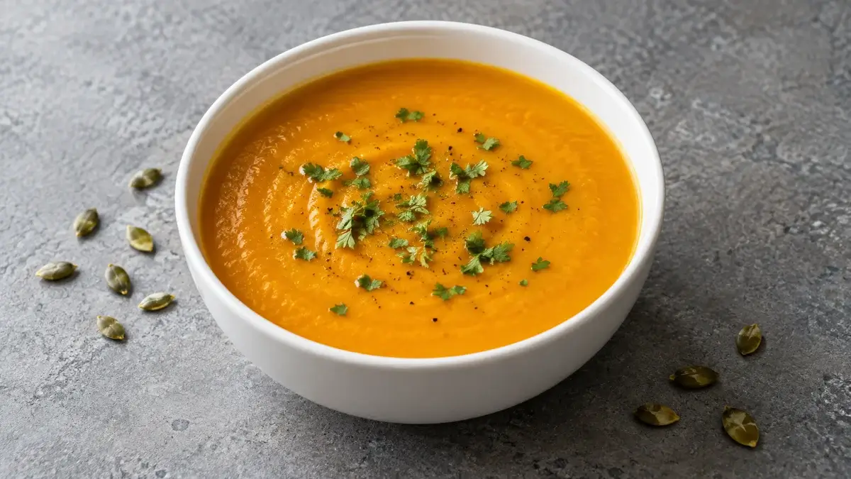 Un bol blanc de soupe orange avec une garniture verte sur une table grise, près de graines éparpillées.